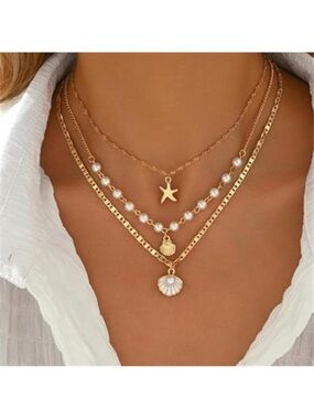 Seashell Necklace for Beach Dresses Layered Pearl Starfish Pendant Gift for Her